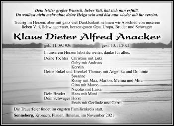 Traueranzeige von Klaus Dieter Anacker von Südthüringer Presse