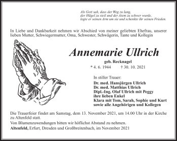 Traueranzeige von Annemarie Ullrich von Südthüringer Presse