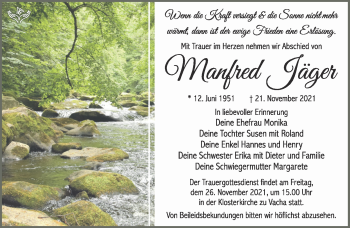 Traueranzeige von Manfred Jäger von Südthüringer Presse