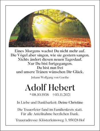 Traueranzeige von Adolf Hebert von Frankenpost