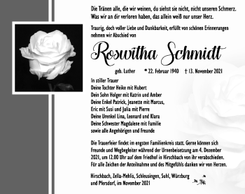 Traueranzeige von Roswitha Schmidt von Südthüringer Presse