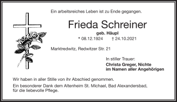 Traueranzeige von Frieda Schreiner von Frankenpost