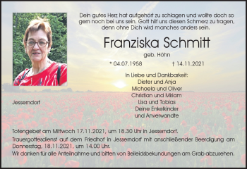 Traueranzeige von Franziska Schmitt von Neue Presse Coburg