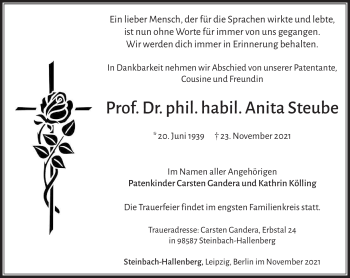 Traueranzeige von Anita Steube von Südthüringer Presse