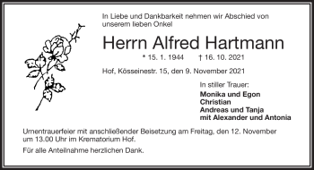 Traueranzeige von Alfred Hartmann von Frankenpost