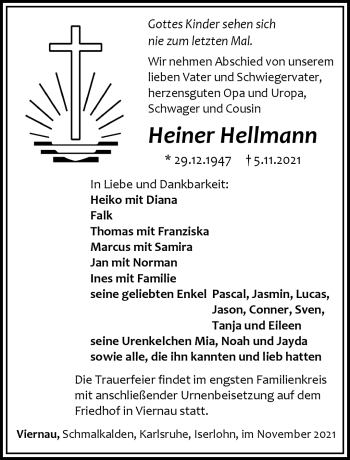 Traueranzeige von Heiner Hellmann von Südthüringer Presse