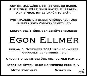 Traueranzeige von Egon Ellmer von Südthüringer Presse