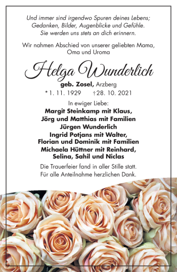 Traueranzeige von Helga Wunderlich von Frankenpost