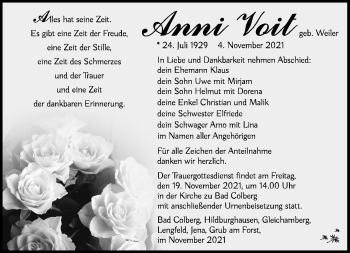 Traueranzeige von Anni Voit von Südthüringer Presse