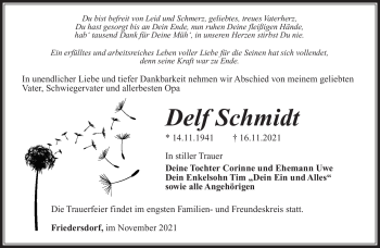 Traueranzeige von Delf Schmidt von Südthüringer Presse