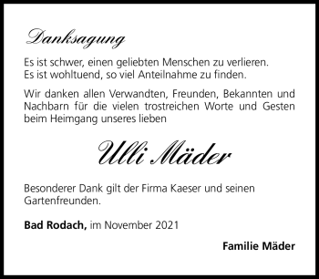 Traueranzeige von Ulli Mäder von Neue Presse Coburg