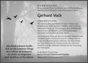 Traueranzeige von Gerhard Vock von Südthüringer Presse