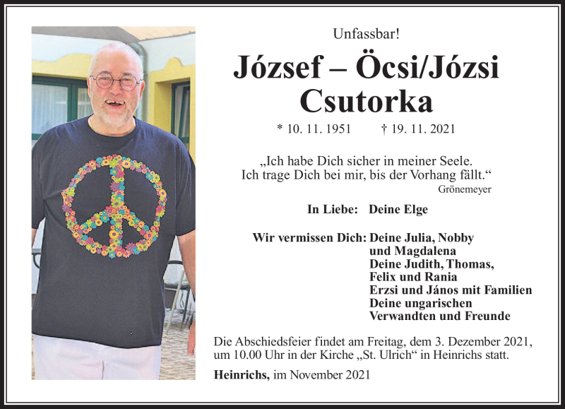  Traueranzeige für József Csutorka vom 27.11.2021 aus Südthüringer Presse