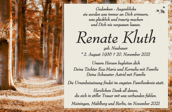 Traueranzeige von Renate Kluth von Südthüringer Presse