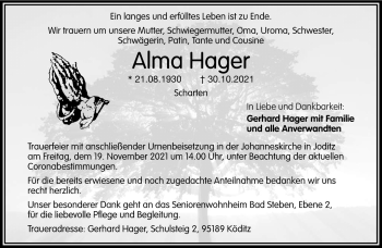 Traueranzeige von Alma Hager von Frankenpost