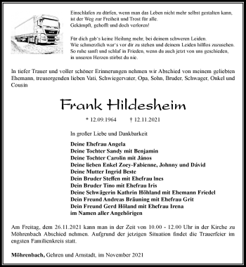 Traueranzeige von Frank Hildesheim von Südthüringer Presse