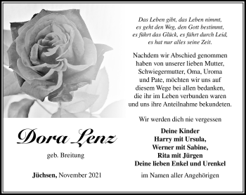 Traueranzeige von Dora Lenz von Südthüringer Presse