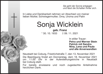 Traueranzeige von Sonja Wicklein von Neue Presse Coburg