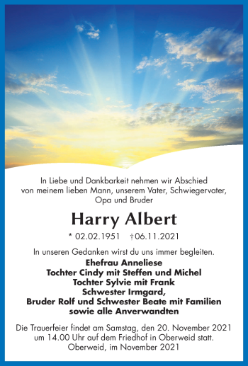 Traueranzeige von Harry Albert von Südthüringer Presse