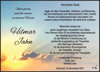 Traueranzeige von Hilmar Jahn von Südthüringer Presse
