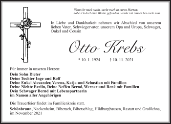 Traueranzeige von Otto Krebs von Südthüringer Presse