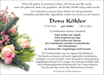 Traueranzeige von Dora Köhler von Südthüringer Presse