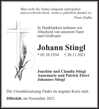 Traueranzeige von Johann Stingl von Südthüringer Presse