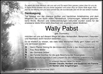 Traueranzeige von Wally Pabst von Südthüringer Presse