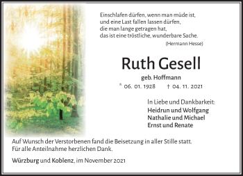 Traueranzeige von Ruth Gesell von Südthüringer Presse