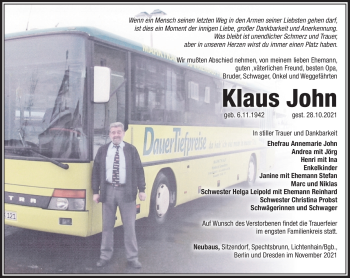 Traueranzeige von Klaus John von Südthüringer Presse