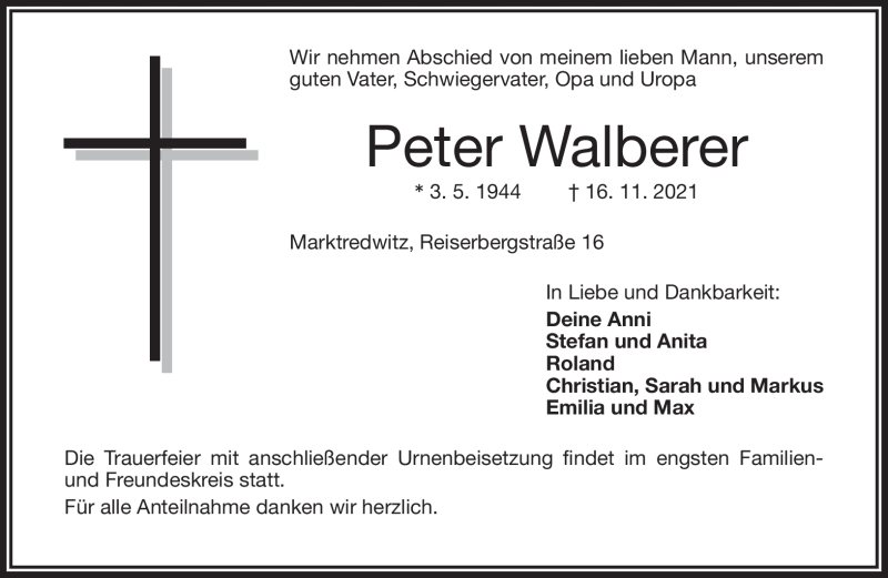  Traueranzeige für Peter Walberer vom 27.11.2021 aus Frankenpost