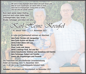 Traueranzeige von Karl-Heinz Kreußel von Südthüringer Presse