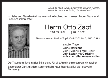 Traueranzeige von Otto Zapf von Frankenpost