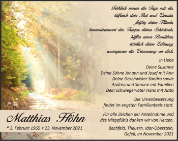 Traueranzeige von Matthias Höhn von Südthüringer Presse
