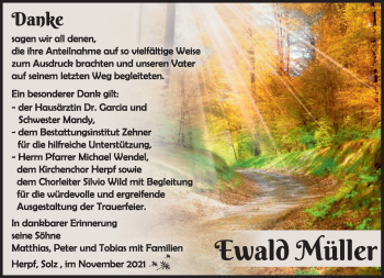 Traueranzeige von Ewald Müller von Südthüringer Presse