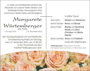 Traueranzeige von Margarethe Würtemberger von Südthüringer Presse