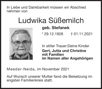 Traueranzeige von Ludwika Süßemilch von Neue Presse Coburg