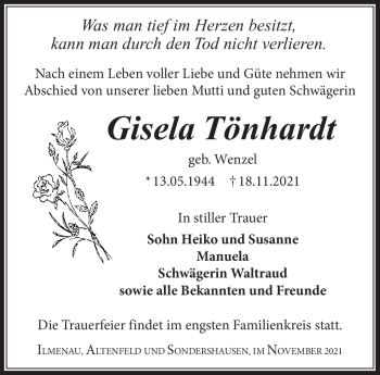 Traueranzeige von Gisela Tönhardt von Südthüringer Presse