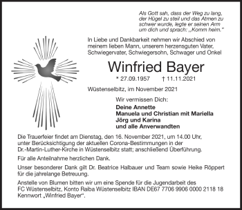 Traueranzeige von Winfried Bayer von Frankenpost