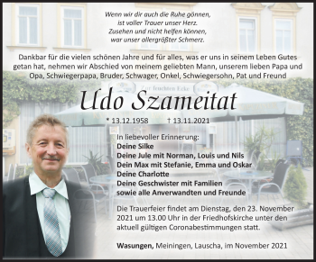 Traueranzeige von Udo Szameitat von Südthüringer Presse