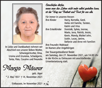 Traueranzeige von Marga Mäurer von Südthüringer Presse