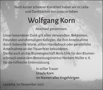 Traueranzeige von Wolfgang Korn von Südthüringer Presse