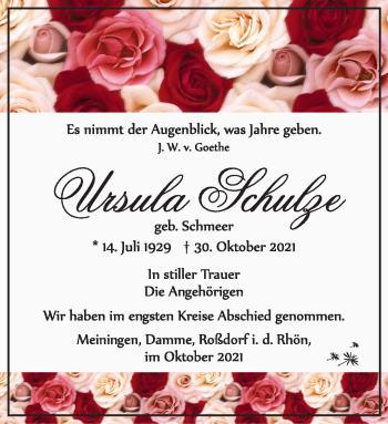 Traueranzeige von Ursula Schulze von Südthüringer Presse