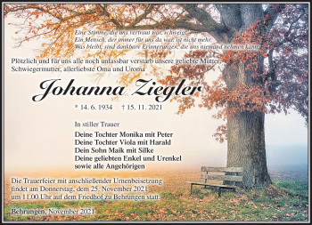 Traueranzeige von Johanna Ziegler von Südthüringer Presse