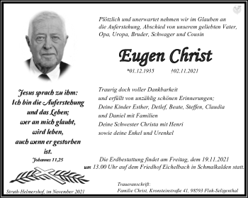 Traueranzeige von Christ Eugen von Südthüringer Presse