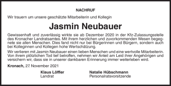 Traueranzeige von Jasmin Neubauer von Neue Presse Coburg