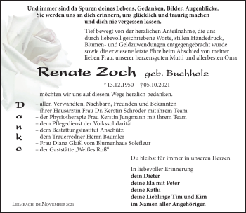 Traueranzeige von Renate Zoch von Südthüringer Presse