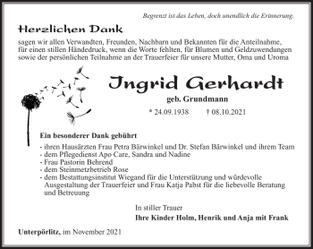 Traueranzeige von Ingrid Gerhardt von Südthüringer Presse