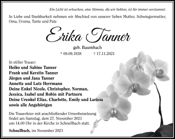 Traueranzeige von Tanner Erika von Südthüringer Presse