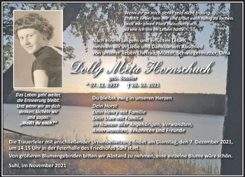 Traueranzeige von Dolly Hornschuch von Südthüringer Presse